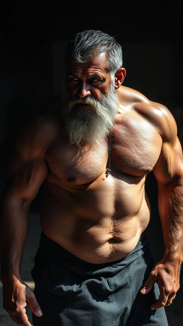 Full human figure shot photo captures a muscular beefy 34-year-old turkish farmer, burly frame with a prominent broken nose, an extensive silver beard cascading down, emanating strength through a muscular, beefy physique, shirtless to reveal a robust chest and wide shoulders, side-lit in a shadowy space, perspective from the ground, photorealistic, ultra clear, dramatic lighting, cinematic.