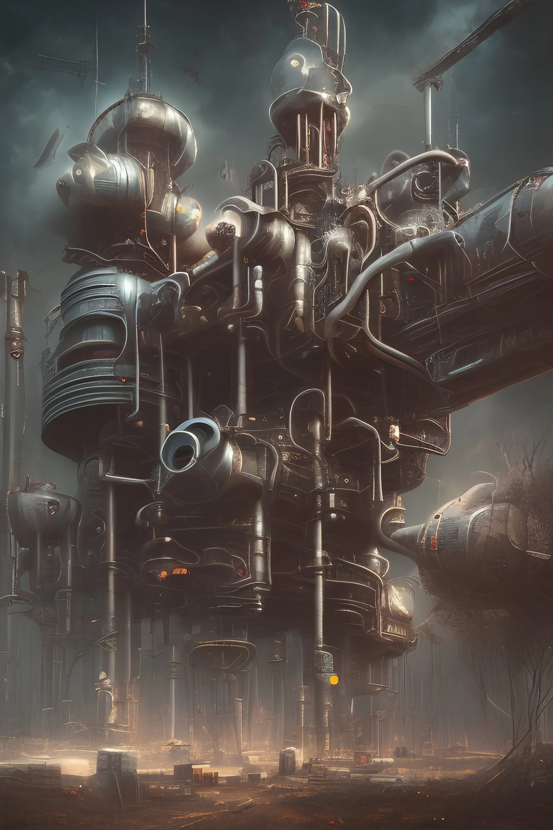 gloomy landscape with strange machines wide and depth dramatic hd highlight detailled