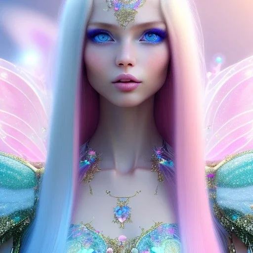  beautiful, soft, whide smile face,whole head, long blonde straight hair, blue eyes, fairy wings on the back, transparent crystal blue and pink clothes, background blue and pink, big definition, 8K