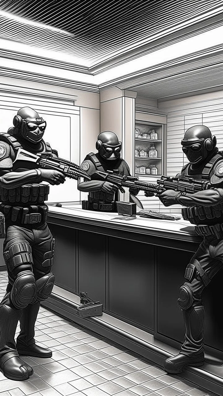 Bank rubbery by 3 masked aliens, forced the Garda on the floor, one is standing on the counter aiming his machine gun to the bankers