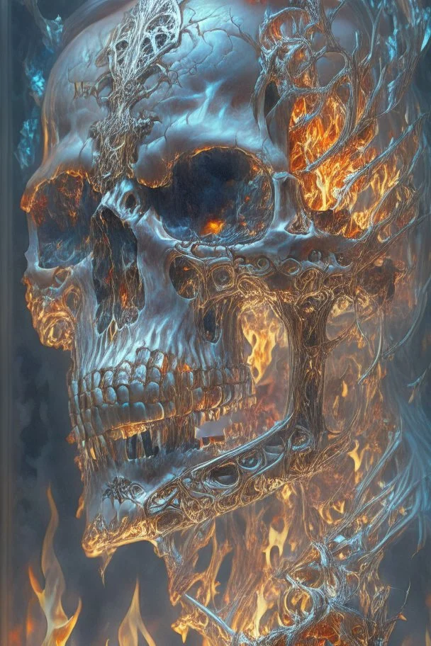 A beautiful highly detailed ornate intricate portrait of a flaming demon skull made of shiny obsidian glass :: reflective, glassy :: subtractive lighting, backlit :: by John William Waterhouse, Greg Rutkowski, HR Giger :: hyperrealistic, hyper detailed, photorealistic :: epic, incredible composition, amazing depth, meticulously composed, 16k resolution concept art :: fantasy magazine cover art