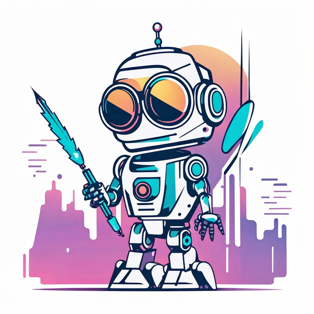 Minimalist cyberpunk logo, cute robot holding a Quill ,minimalist, vector, T shirt design, continuous, sticker, isolated white background --ar 16:9 --no mockup, shadow, text