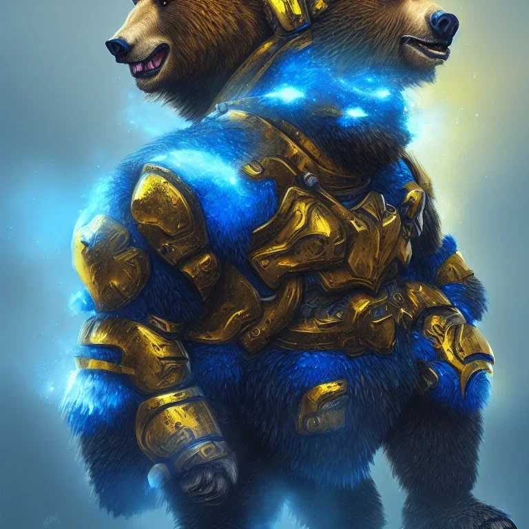 An angry bear warrior in blue and gold armor, background of Inka jungle, high detail, smooth, realistic, digital illustration, Artstation, artgerm,