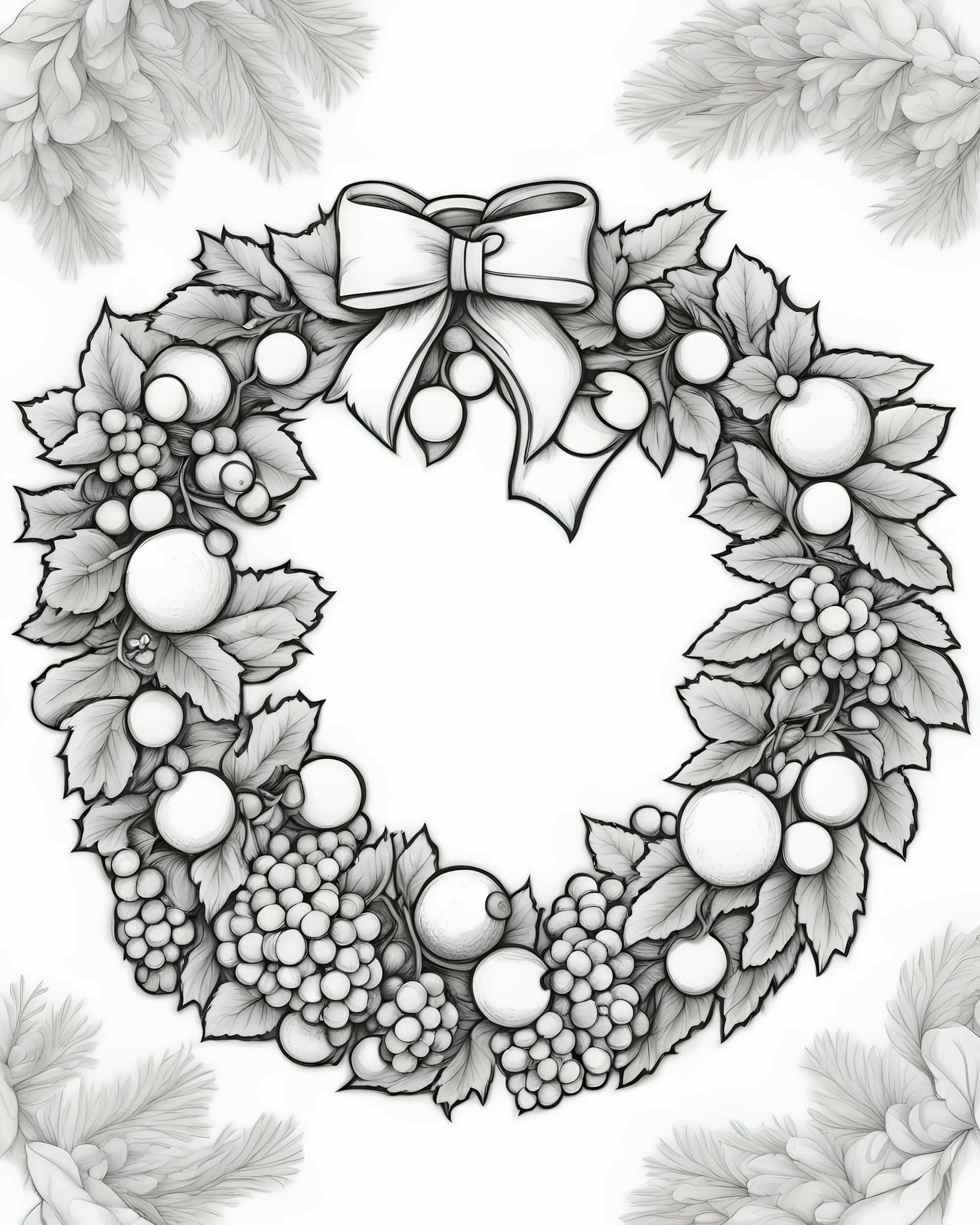 Outline for cute Christmas coloring pages with Festive holiday wreath with berries, sketch style, full body, only use outline, mandala style, clean line art, white background, no shadows and clear and well outlined