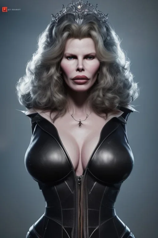 Kim Basinger as evil queen in black leather, busty, cleavage, curvy, angry, happy, stern look. character design by cory loftis, fenghua zhong, ryohei hase, ismail inceoglu and ruan jia. unreal engine 5, artistic lighting, highly detailed, photorealistic, fantasy