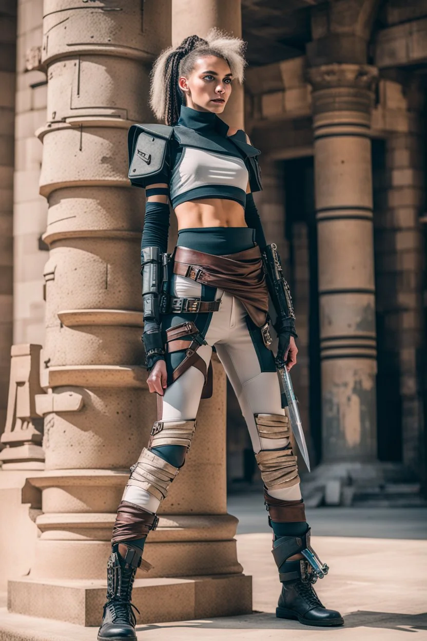 teen woman in retro-futurist cyberpunk costuming with pants leaning to the side with shoulder against a stone pillar of a Egyptian + cyberpunk post apocalyptic building, 2 swords in scabbards at hip