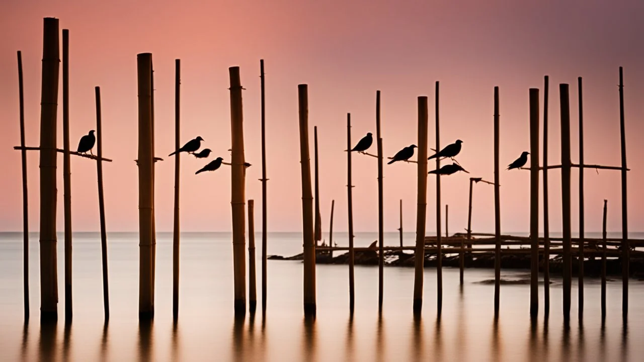 Large birds fly between long, fragile bamboo pillars that support dilapidated cabins in uncertain balance, over a calm sea where small fishing boats work, in an atmosphere of reddish sunset