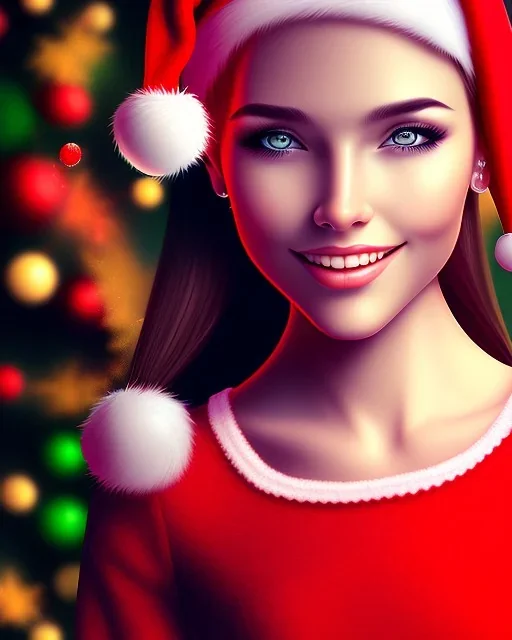 girl in Santa dress, close up portrait, Christmas, smiling