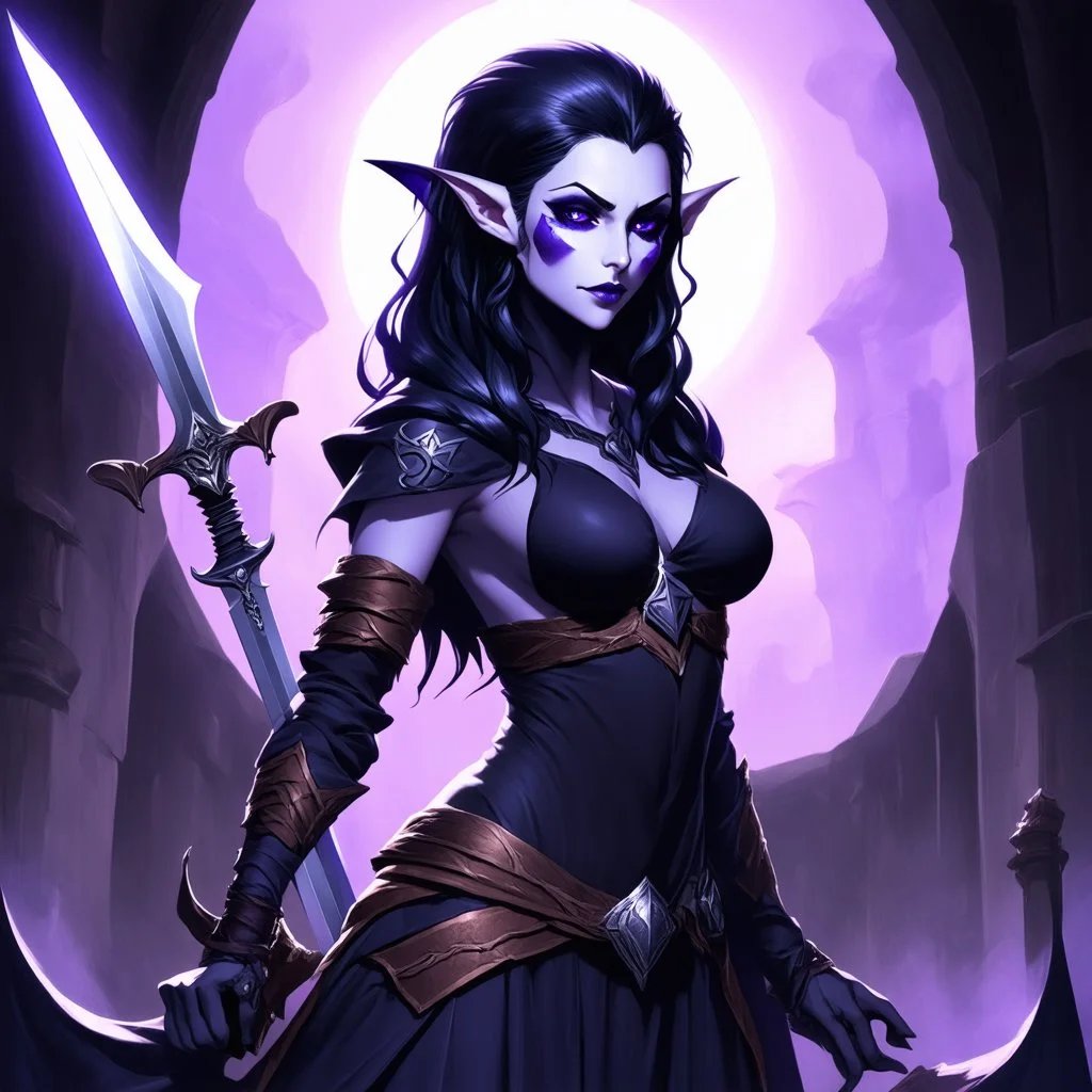 drow elf woman, spellsword, dark hair, purple skin, digital art, dark fantasy