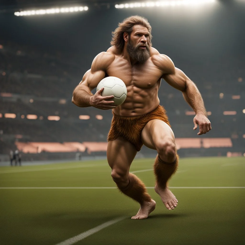 Neandertal jugando fútbol con traje deportivo ultra detallado 8k