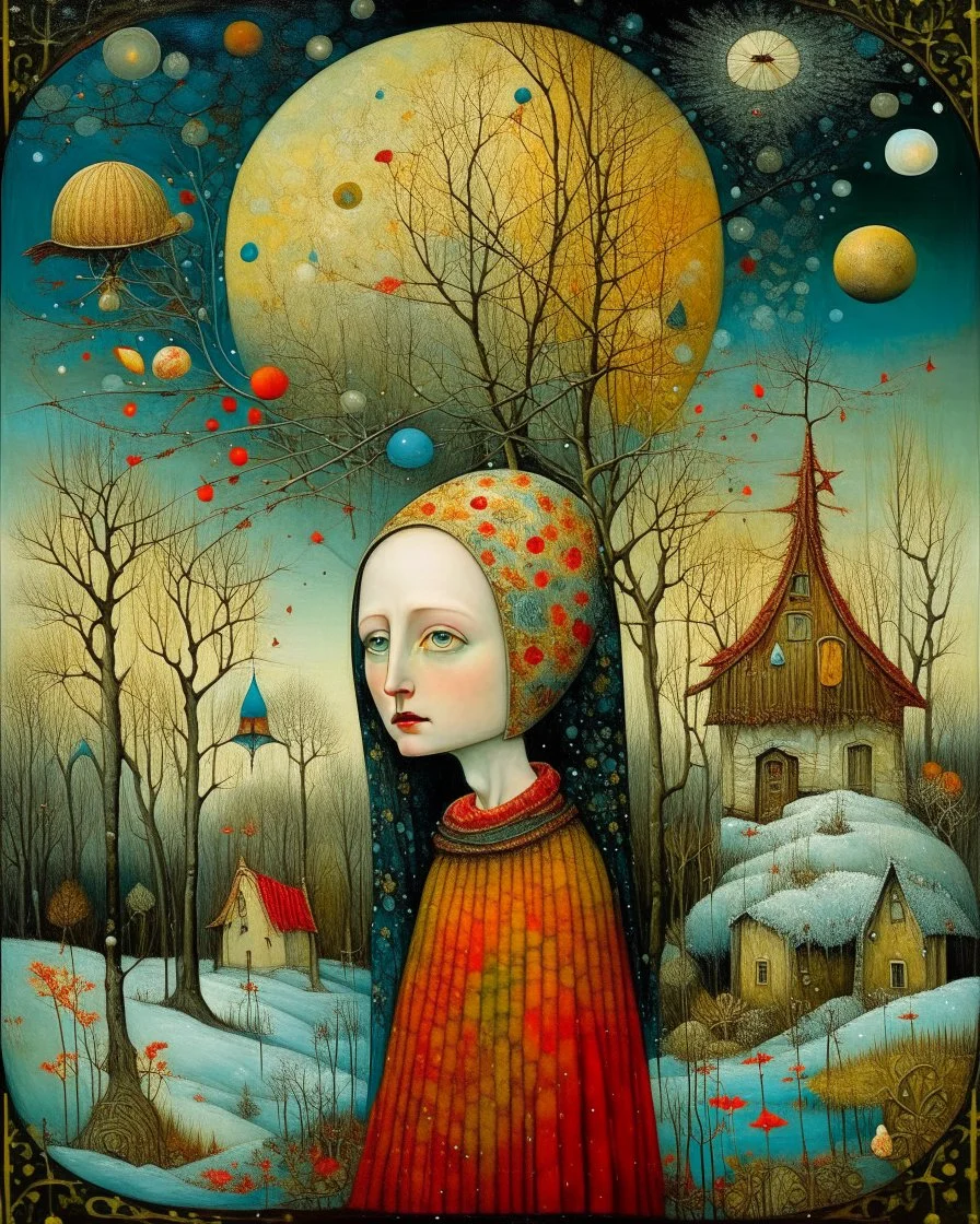 Richly textured Hieronymus Bosch, Catrin Welz-Stein, William Turner, Zdzisław Beksiński, Jacek Yerka oil on canvas zentangle line art style mix, surreal frosted fantasyland winter oceanscape, hoarfrost on trees, high grasses, snow and cottages, withered flowers, pale sunrise; paint splatter, beautiful vibrant colors, reflections, SK, flying seagulls, dramatic clouds, snowfall.