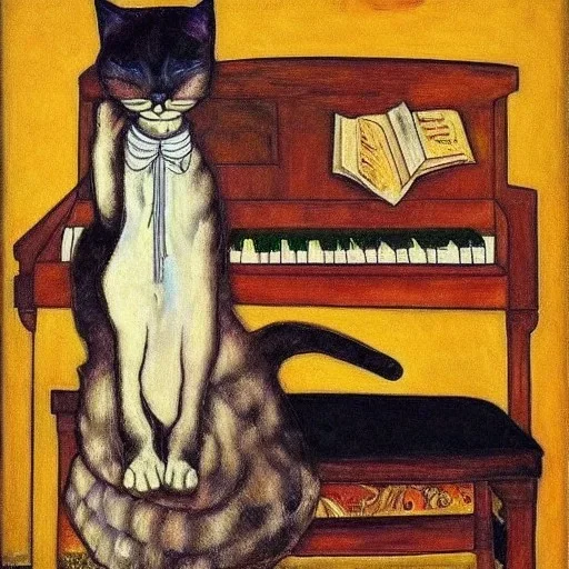 surreal cat playing piano in style of schiele painting