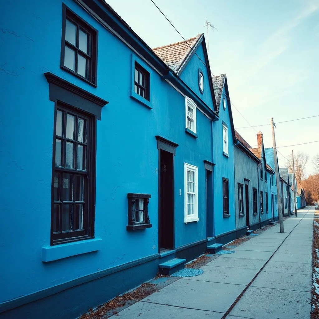 Fotografia di strada falsa a Magog blu weirdcore dai colori vivaci. Non luogo falso, inusuale. Max Ernst. Le case sono false e dipinte di nero chiaro con cose stilizzate e dettagli. Ci sono finestrelle false quadrate, che danno un senso distopico e molto surreale, disposte in modo casuale. L'atmosfera generale sembra noiosa e onirica, con un contrasto tra elementi reali ed elementi dipinti falsi