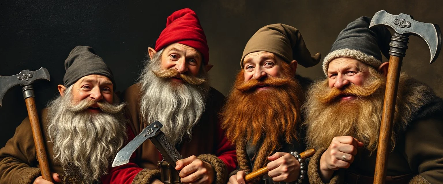 pin hole cam, master oil painting by Rembrandt, family portrait of smiling bad ass warrior clad dwarves in fine clothes and with pickaxes laughing