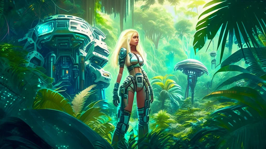 Wide-angle, full body of a woman, with straight blond hair, dressed like a robot, with equipment in her hands, next to a crashed spaceship, on an alien jungle world in the multiverse