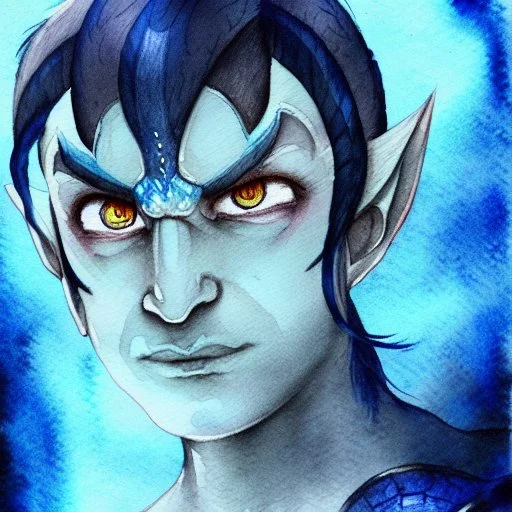 dnd, fantasy, watercolour, ilustration, halfling, artstation, ranger, infused with elemental powers of water, portrait, face, glowing blue eyes, angry, vicious