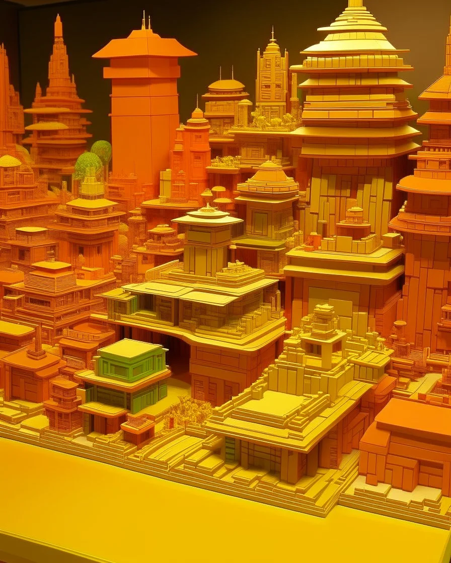 An orange colored pixelated mechanical town designed in ancient Egyptian architectures and sculptures painted by Frank Lloyd Wright