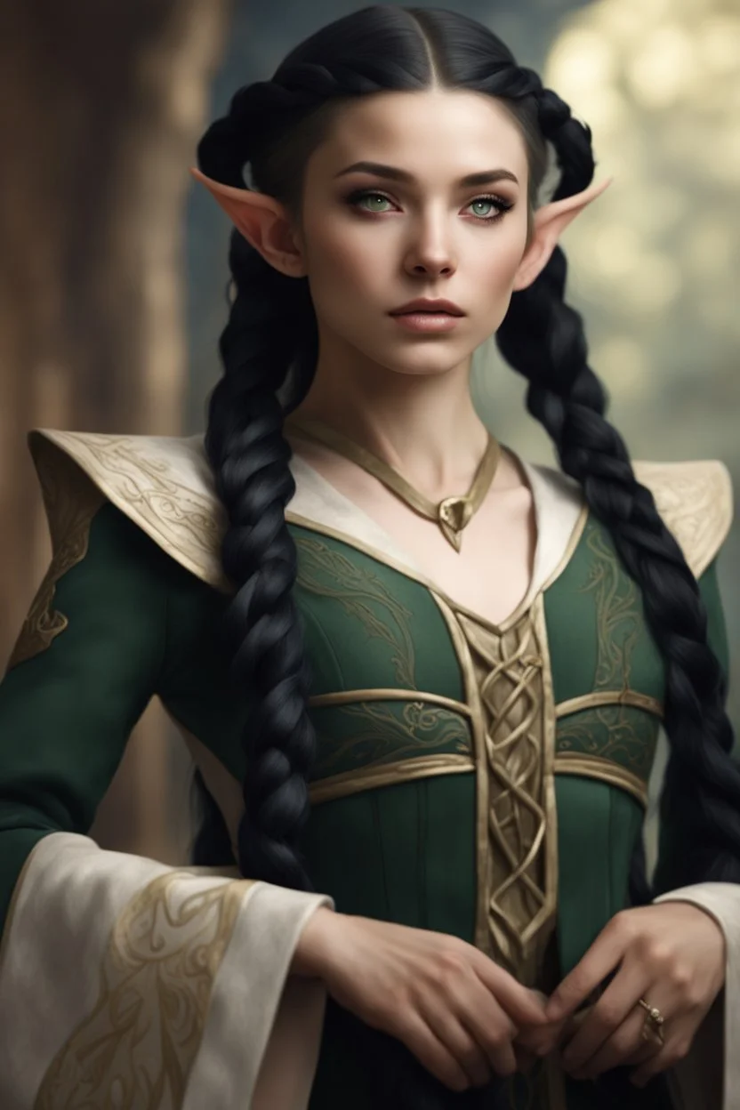 beautiful elven girl, with long black braid and elf ears, dressed in diplomatic attire