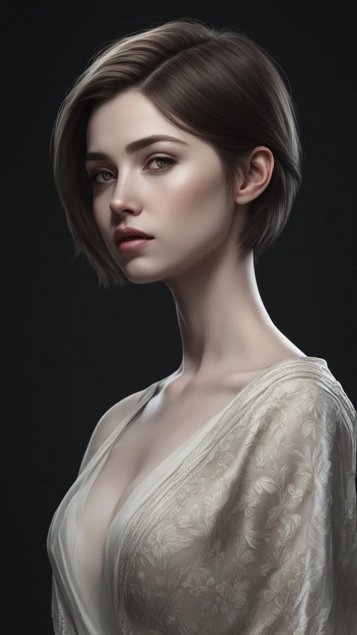 ((young woman pale skin)), dark background, mid shot, full body, neutral expression, short hair, ultra realistic, highres, superb, 8k wallpaper, extremely detailed, intricate, limited palette,