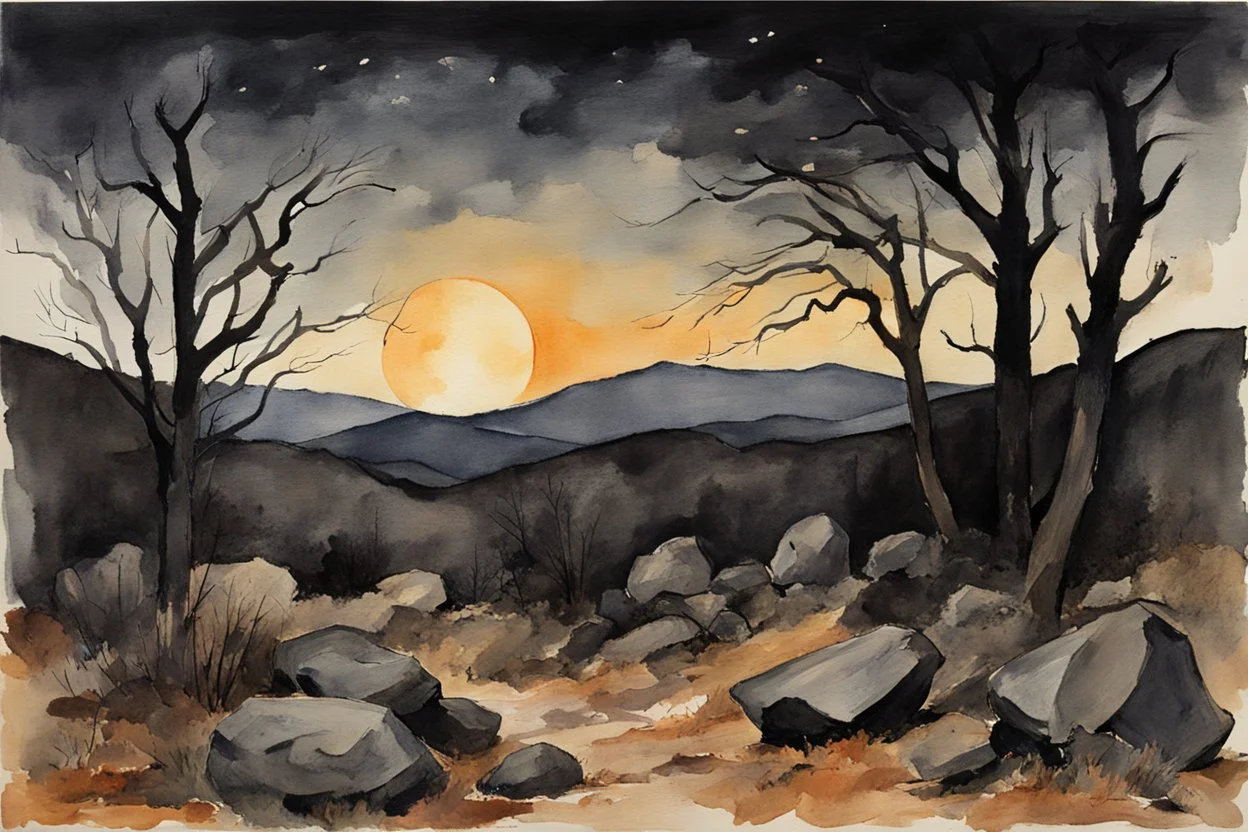 Night, mountains, rocks, dry trees, gothic horror films influence, winslow homer watercolor paintings