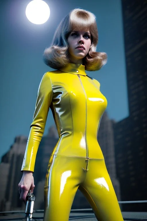 Ultra Realistic retro sci-fi portrait New York image from 1960, spaceship, sweet young Jane Fonda, tight latex suit, weapon, fighting stance, soft color, highly detailed, unreal engine 5, ray tracing, RTX, lumen lighting, ultra detail, volumetric lighting, 3d, finely drawn, high definition, high resolution.