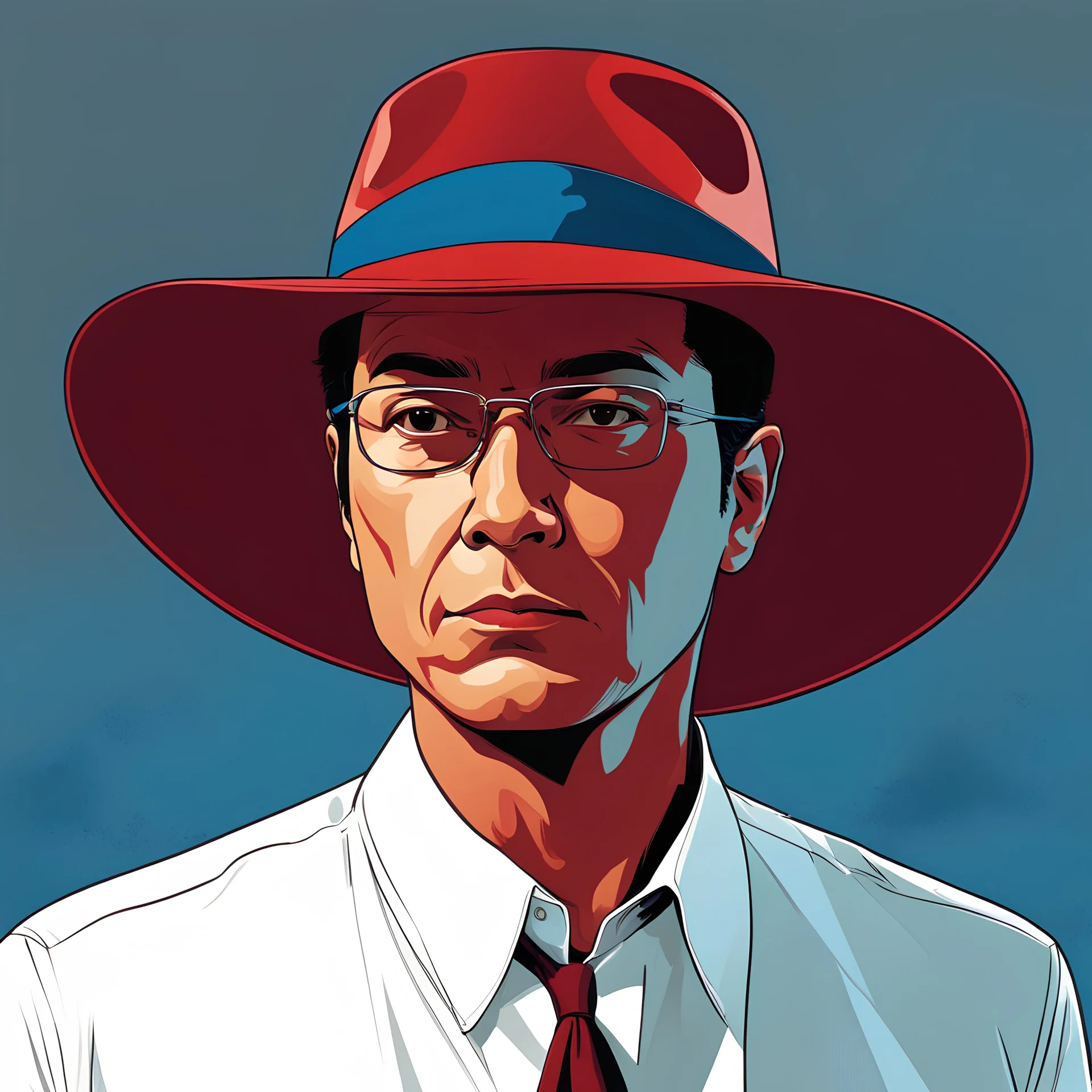 Gustavo Petro, comic style artwork, dark red and blue, wearing a wide-brimmed hat, wearing a white shirt, serious and thoughtful,