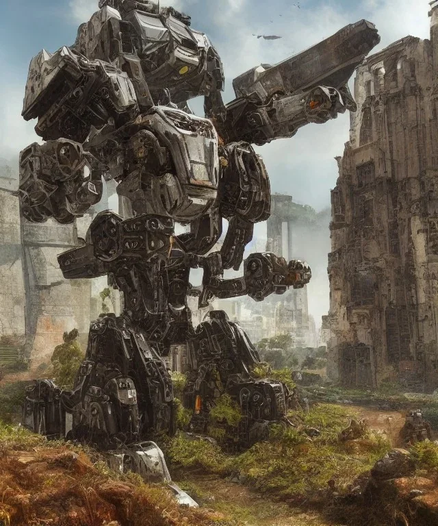 Large rusty destroyed mechwarrior with a giant sword stuck through it inside a futuristic ancient ruin with plants and animals