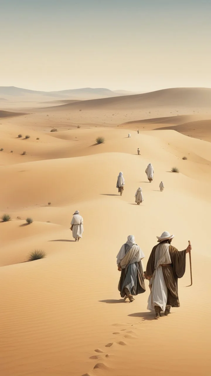 The pilgrims walking in the desert with caravans