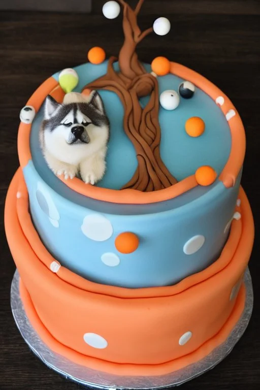 Birthday cake topped with a pool table, apricot tree and a husky dog