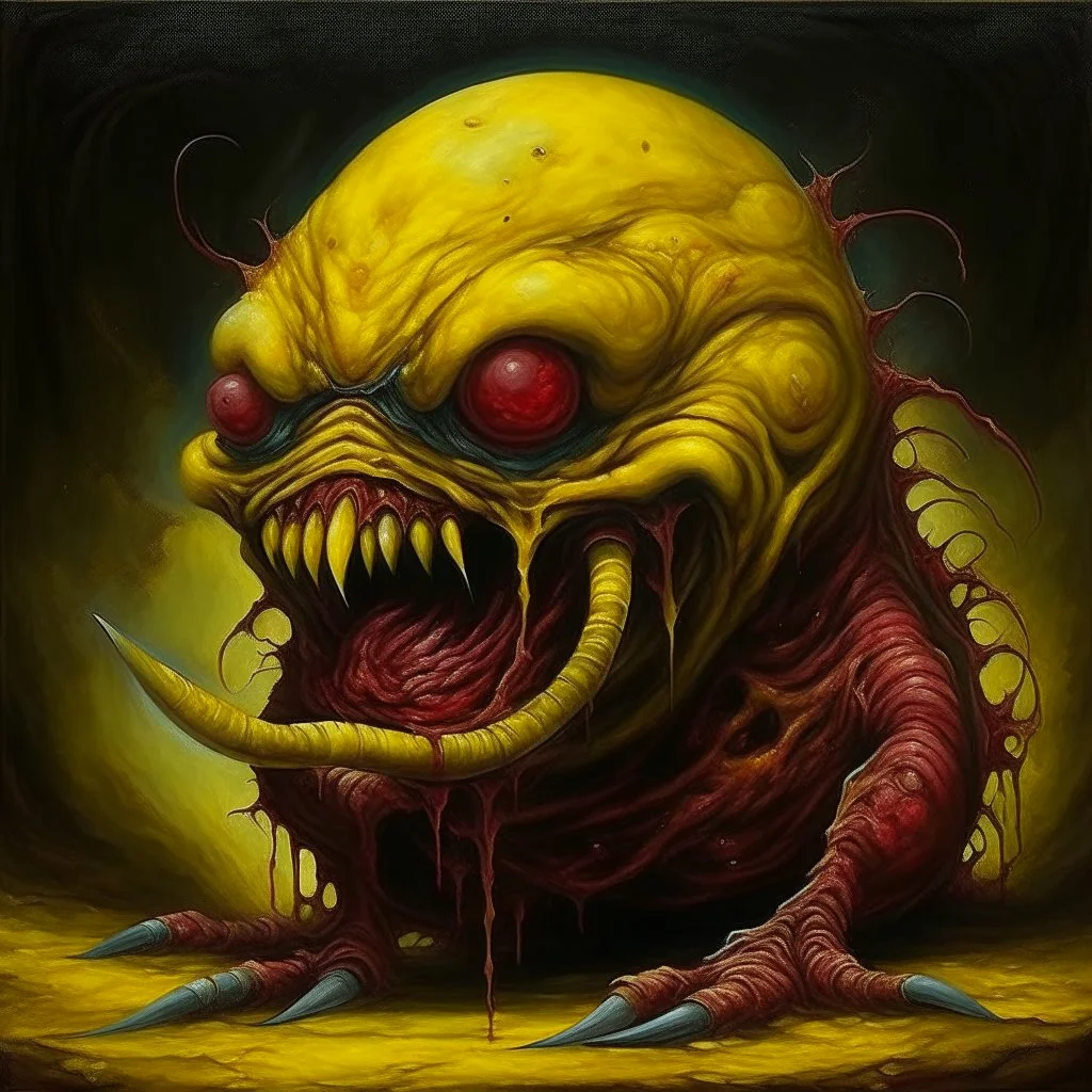 Maw, style of "Bankrupt in Blood" by Seb McKinnon, fantasy surrealism, weird, sinister, crimson - jaundice yellow - black color, matte oil painting.