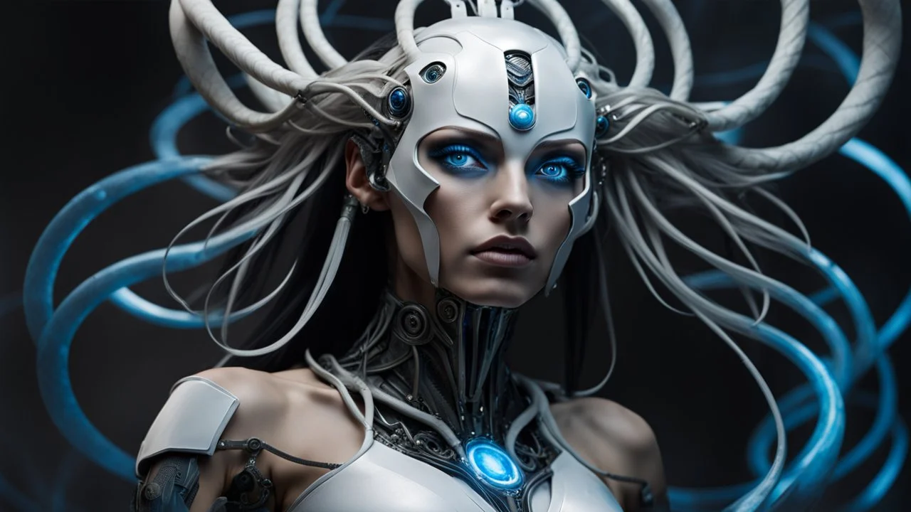 An android-mutant woman with long hair, a biomechanical mutant with sky-blue eyes, a white robot body, she is the AI-Medusa woman with like snakes of hair, the wirling with blue-white hair, full body, stunning, mystic and sci-fi mix creature, high detalied, sharp focus, perfect beauty, professional photo