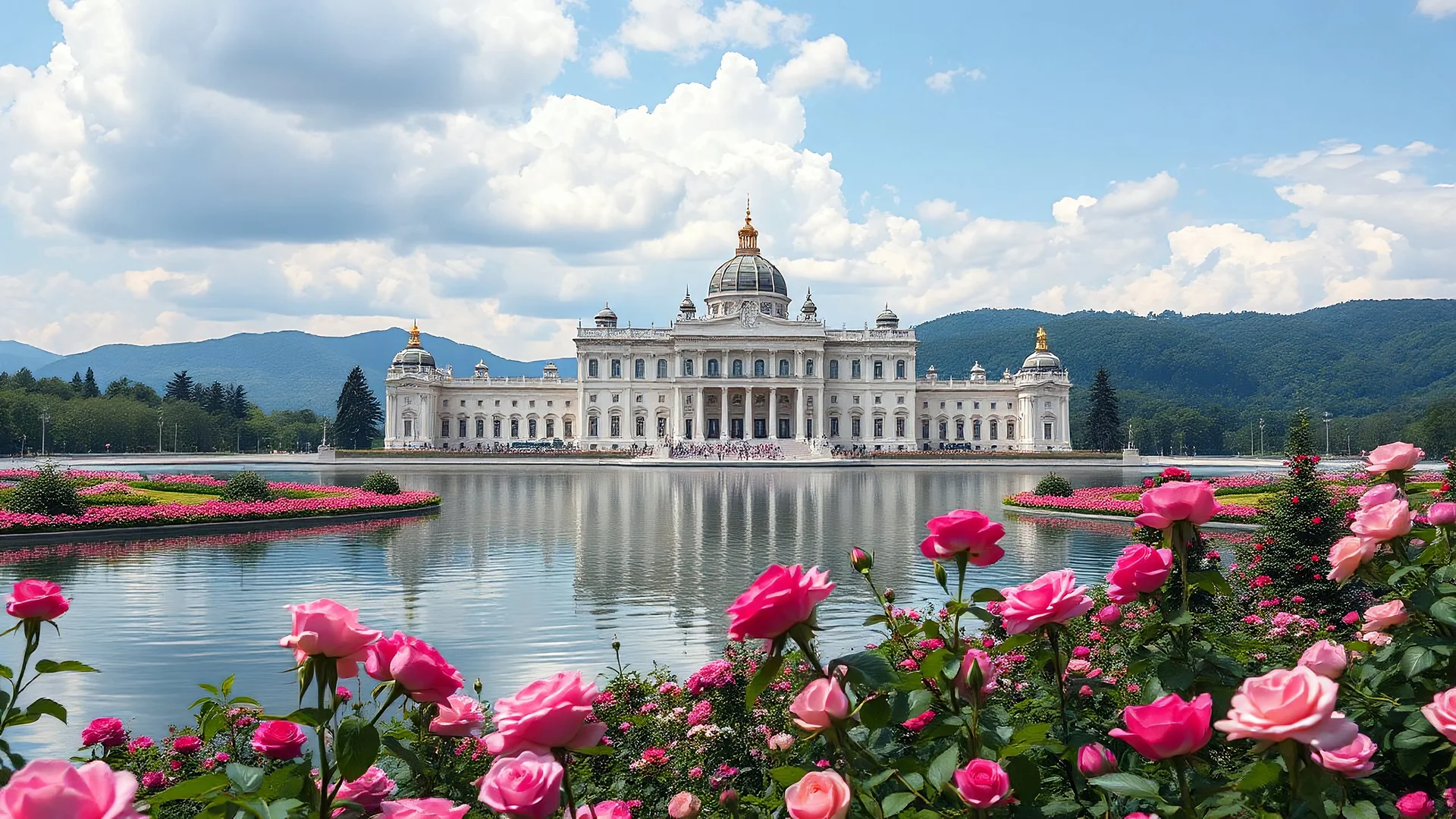 A royal palace in a vast lake with rose garden vista. oniric