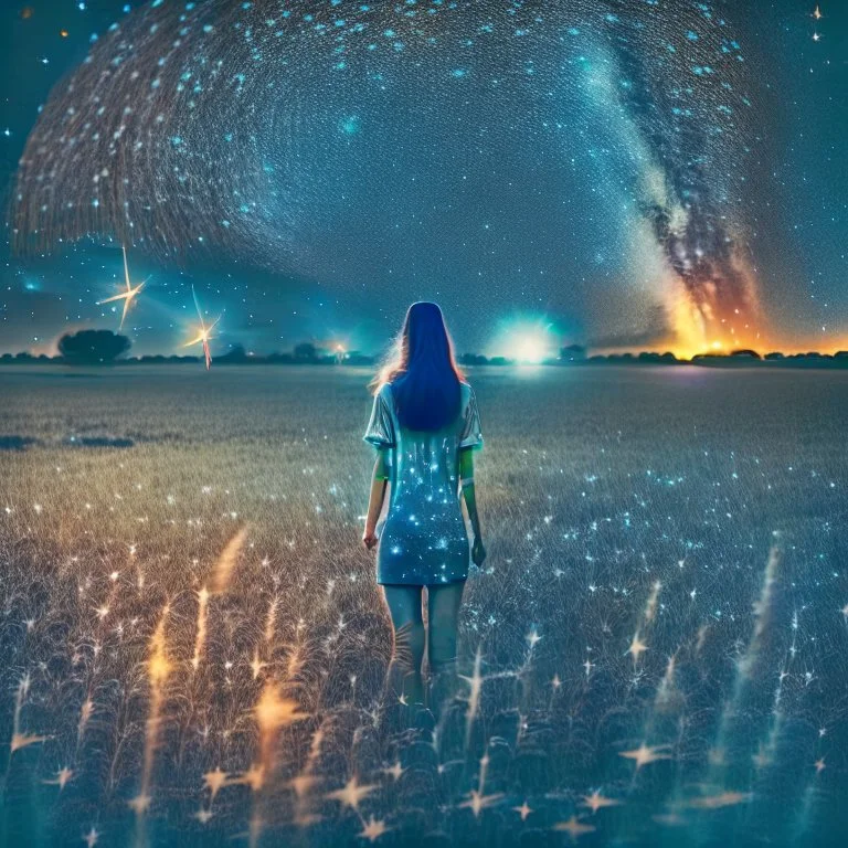 a young woman in field at night with lots of stars, looking at a UFO photo style