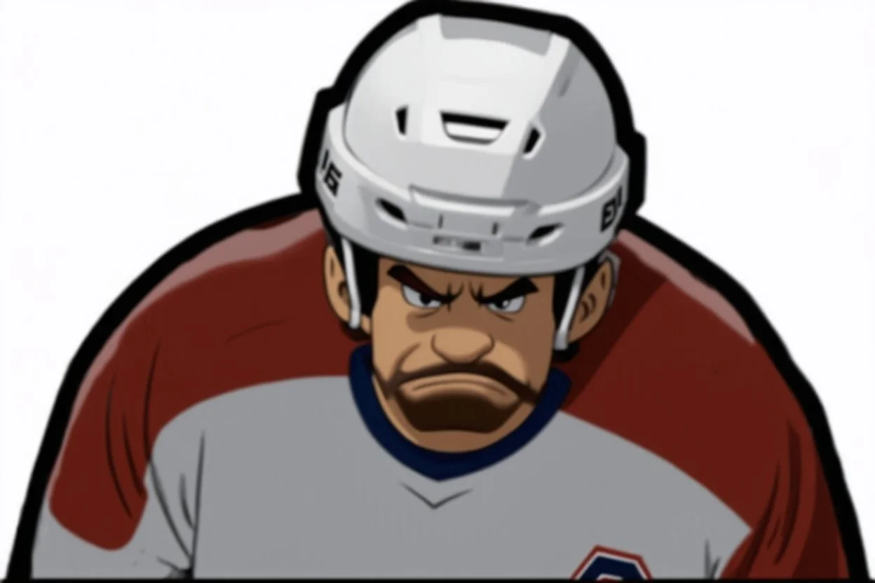 calvin angry pouting with head down wearing a hockey helmet, line art cartoon
