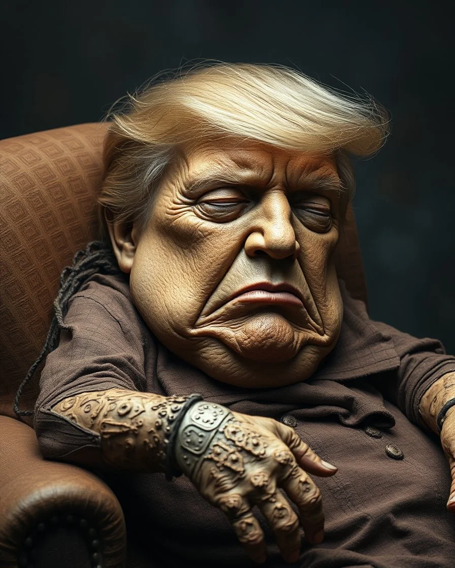 a chubby really old mummified corpse, looks similar to donald trump, eyes closed, leaned over in a brown chair
