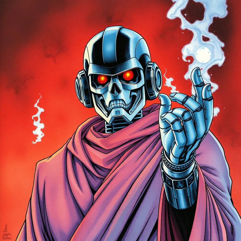 retro anime style, full color, dark serious 1980s anime terminator like robot, moebius artist, magic, watercolor, buddist monk robe,
