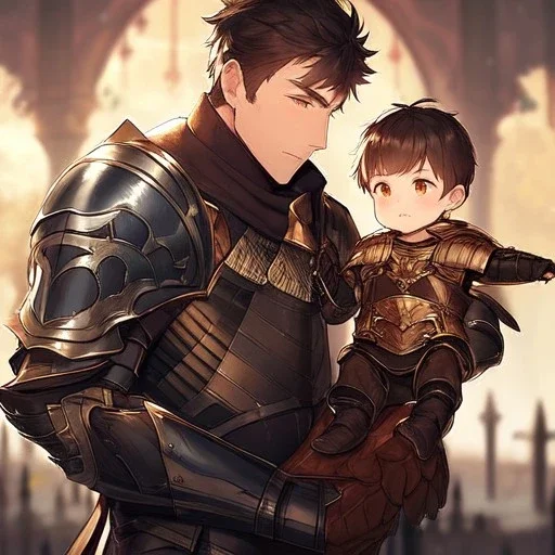 Boy wearing leather armor with family