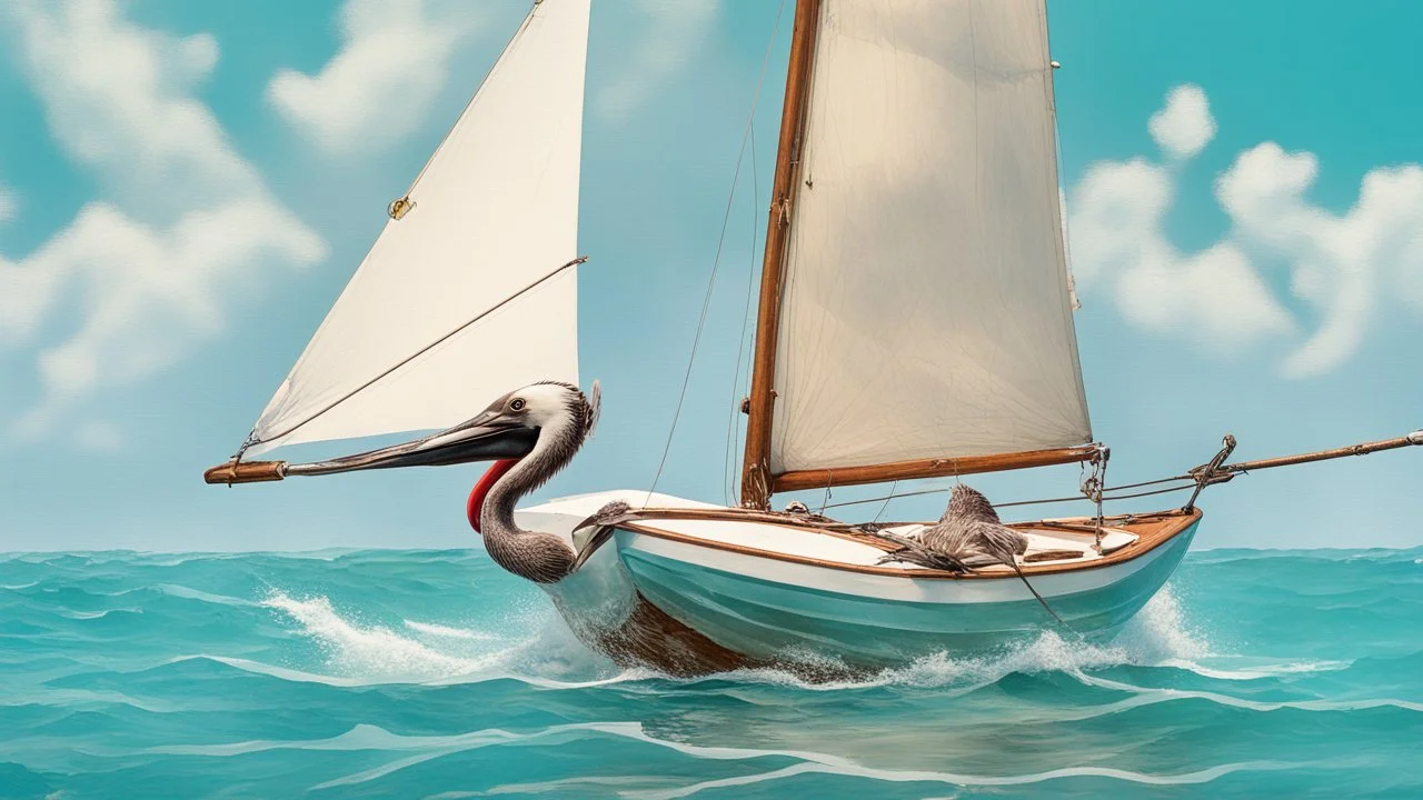 A small, brightly colored sailboat with a billowing white sail cuts through a turquoise ocean. The wind fills the sail, causing the boat to lean slightly. In the distance, fluffy white clouds drift across a clear blue sky. One majestic brown pelican with a large pouch full of water flies gracefully above the boat. The image evokes a sense of calm adventure, the refreshing scent of the ocean breeze, and the abundant wildlife. The style is as if a 5 year old did it with paint.