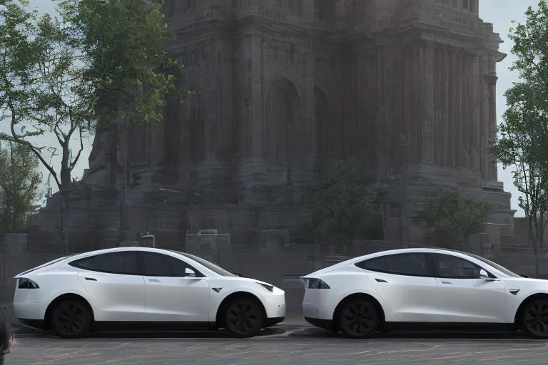 A Tesla 'Model 3' is parked, near the 'Statue of Liberty' in New York. CINEMATIC. WIDE ANGLE LENS. PHOTO REAL.
