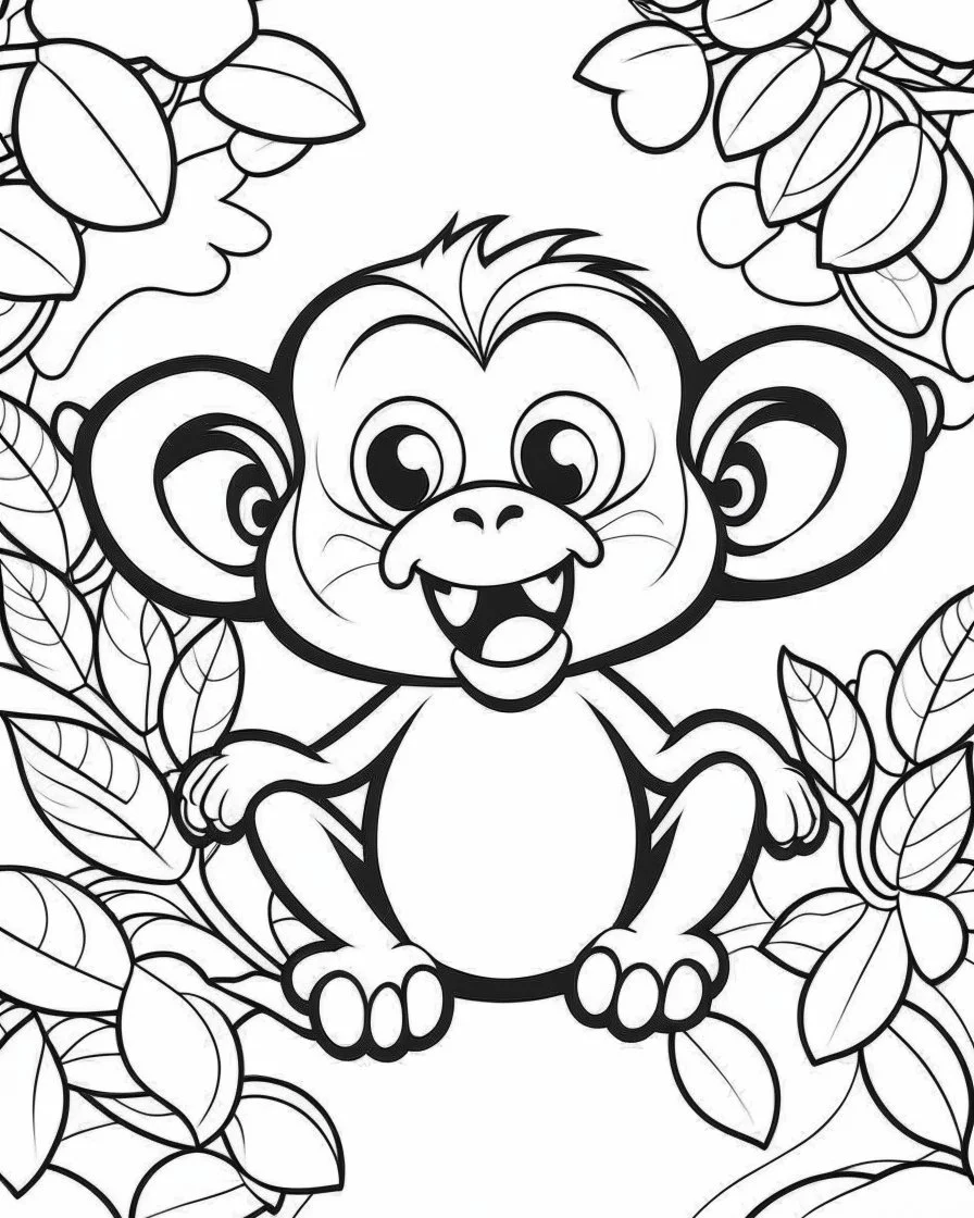 create a 2d black outline, "safari smiling cartoon baby monkey coloring book for toddlers", coloring page, low details design, black contour, coloring page design, simple background, colorful , card style, coloring page for kids, white background, sketch style, safari landscape, cartoon style