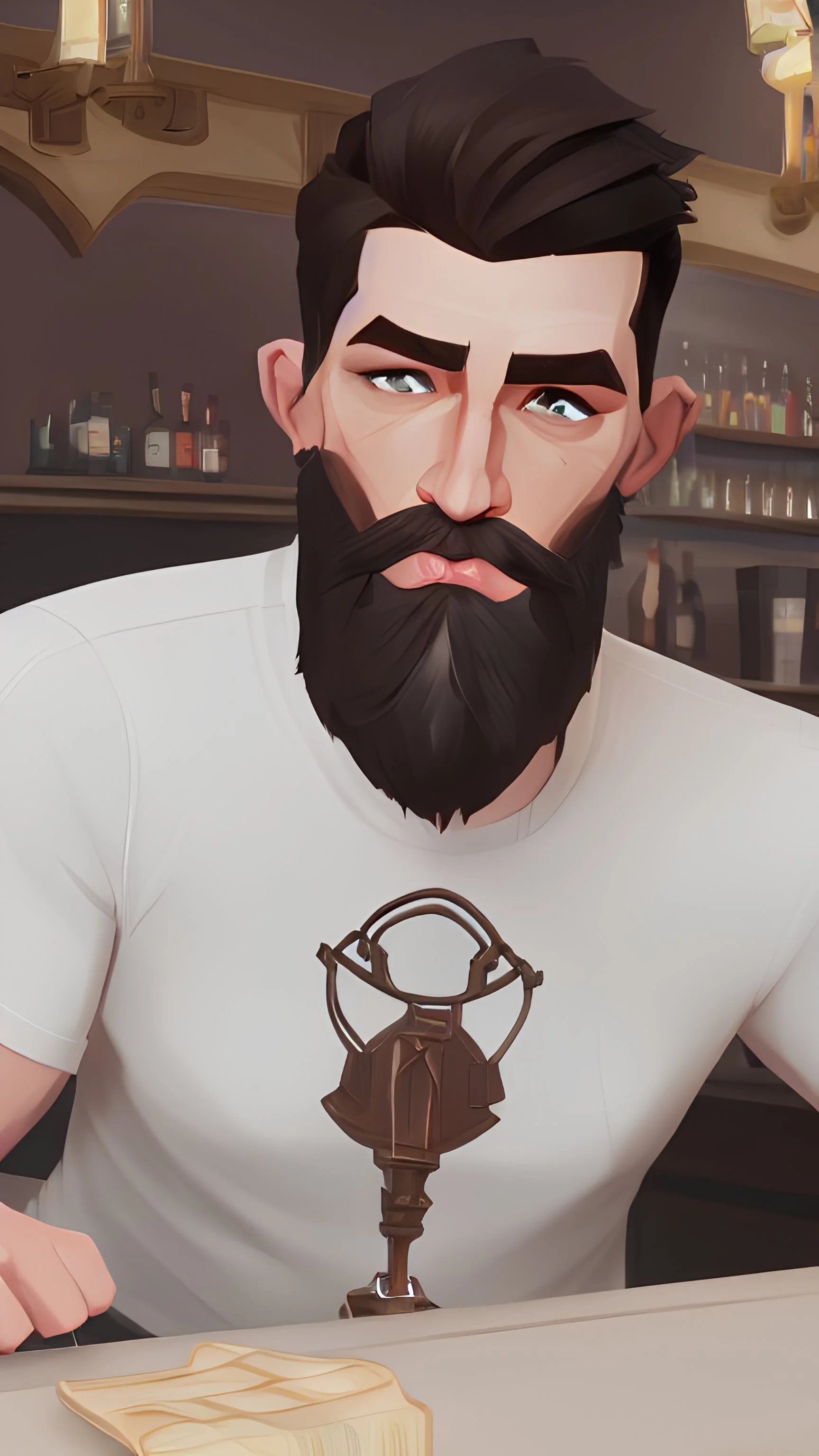 White male, dark Brown hair medium length and short beard. At a pub, candles, sitting at a bar table