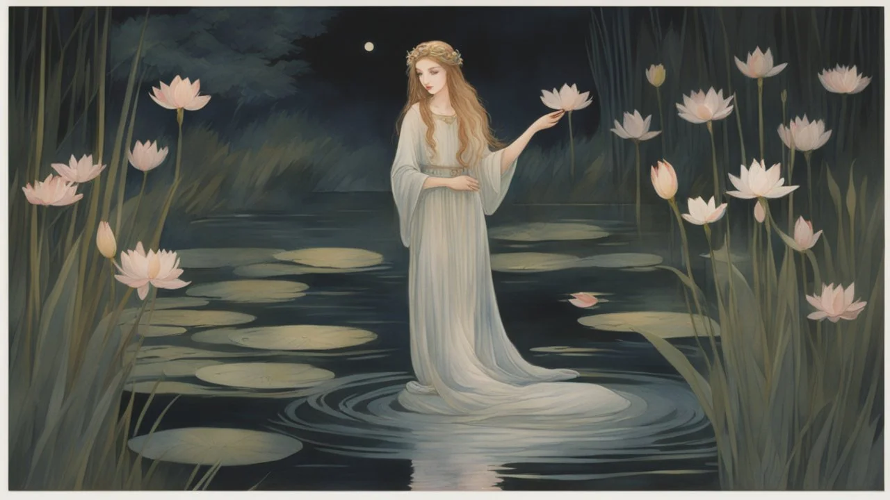 A watercolor painting with intricate brush strokes capturing the delicate beauty of Ophelia in a flowing tunic, surrounded by blooming lotus flowers, her thighs glowing in the moonlight, and reeds swaying gently in the background. The scene exudes a dreamlike quality, with a sense of tranquility and mystery permeating the atmosphere. This version focuses on the ethereal and poetic elements of the image.