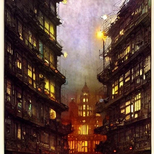 Corner building Metropolis, detailed facades ,dark colours, watercolor, by john atkinson Grimshaw, detailed painting,matte painting, alphonse mucha, greg rutkowski