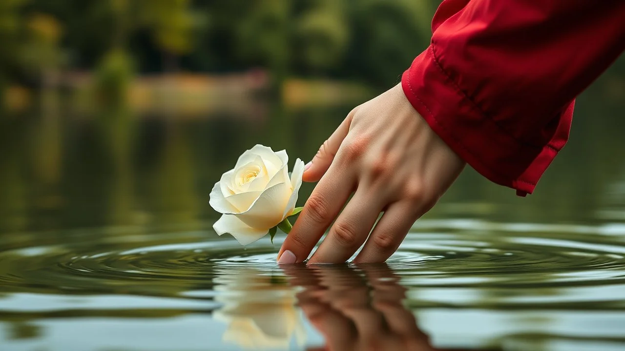 Young woman hand holding man's hand , close a white rose swims on the water, in the blur background a lake, some green trees, ultra detailed, sharp focus, perfect anatomy, perfect hands with fingers, perfect photo