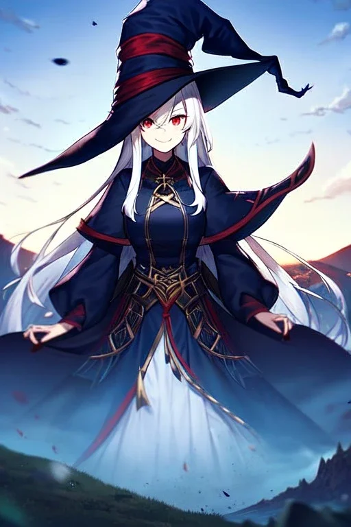 girl, masterpiece, best quality, cinematic lighting, detailed outfit, vibrant colors, perfect eyes, long hair, white hair, red eyes, witch outfit, smile, angry, landscape,