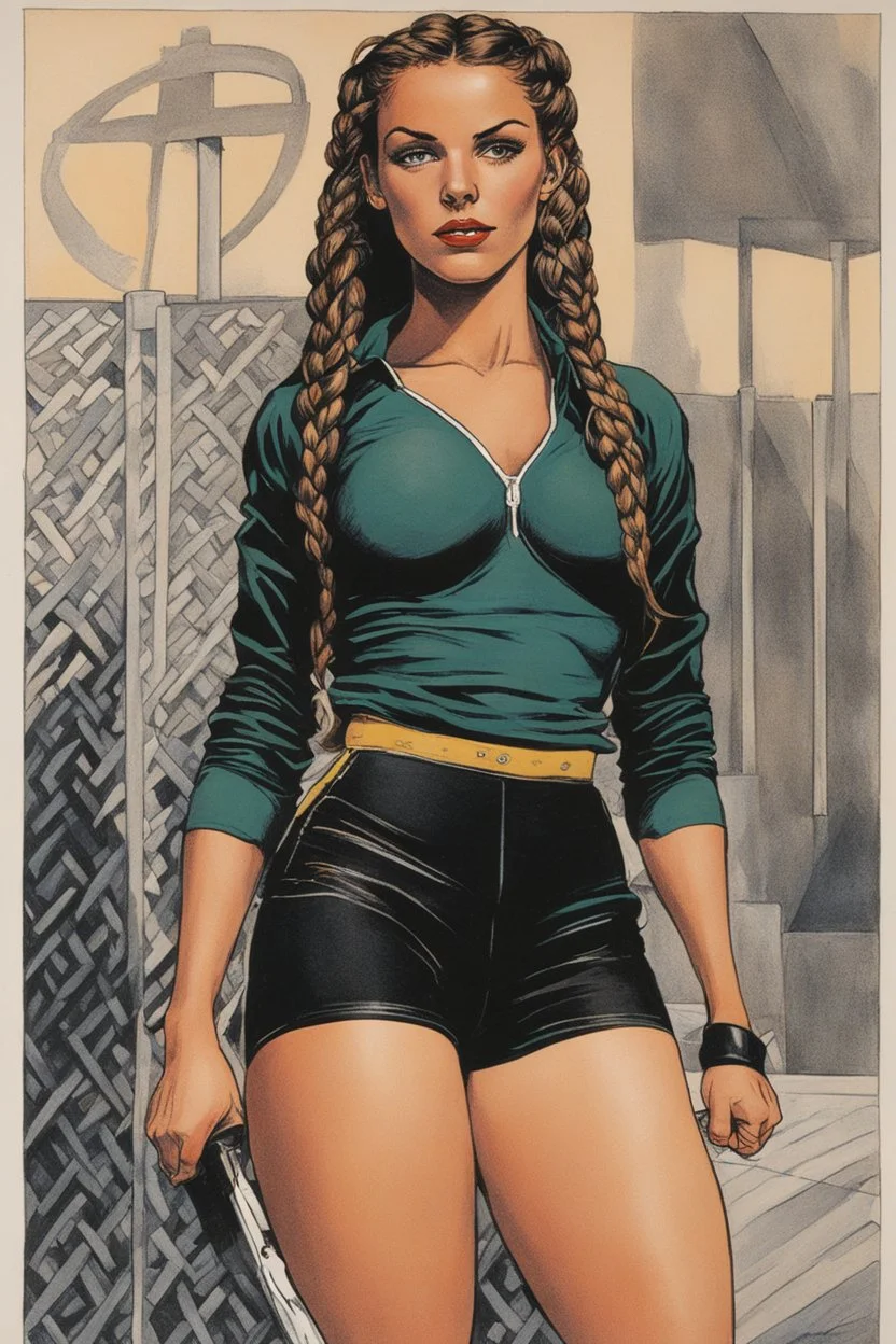 a Celtic girl with braids in a dark tight sport outfit, she does gym, panting [Original and final cover art and five interior illustrations by underground comix artist, Spain Rodriguez, from the German edition of Charles Bukowski’s book, Women, circa 1980’s.]