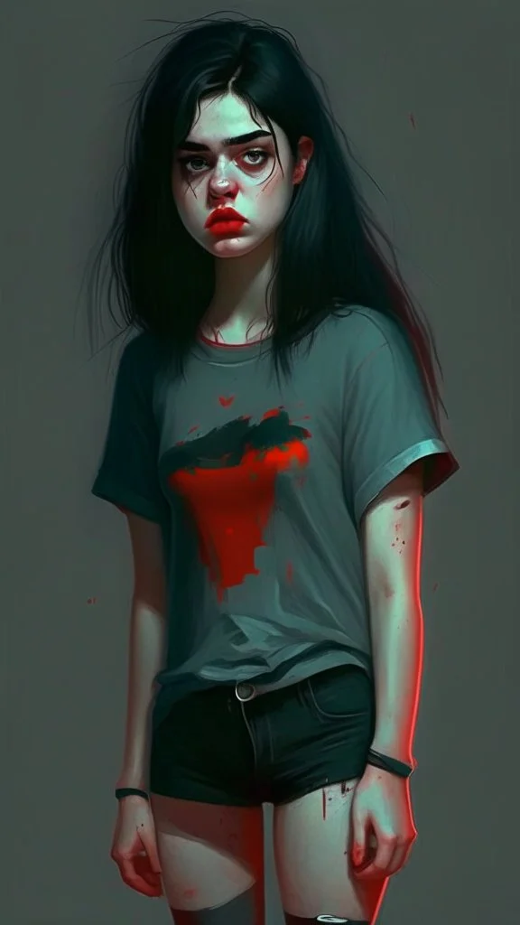 generate a full-length girl with gray-green sad eyes, with dark hair above the shoulders, a round face, not very plump lips, in a black T-shirt with a red print, short shorts, blue socks