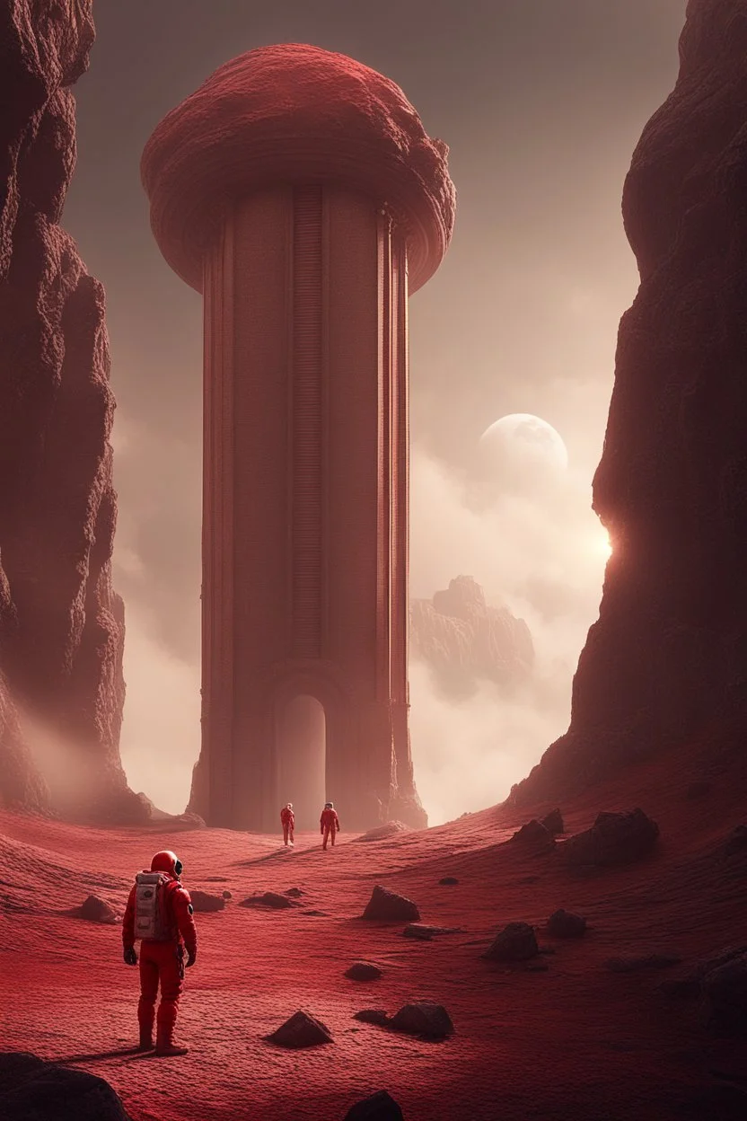 Mysterious huge ancient Rocky pillar with scifi gate attached with a astronaut (red suit) standing near the gate, destroyed, foggy condition wide-angle, cinematic lighting, perfect golden ratio composition detailed ground environment, haze, ultra-detailed, film photography, light leaks, Larry Bud Melman, trending on artstation, sharp focus, studio photo, intricate details, highly detailed, by greg rutkowski