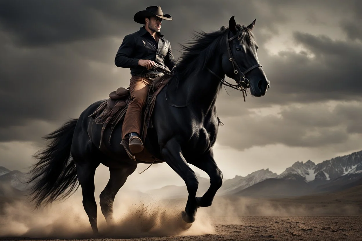 Young rough and rugged muscular cowboy riding a black horse photorealistic