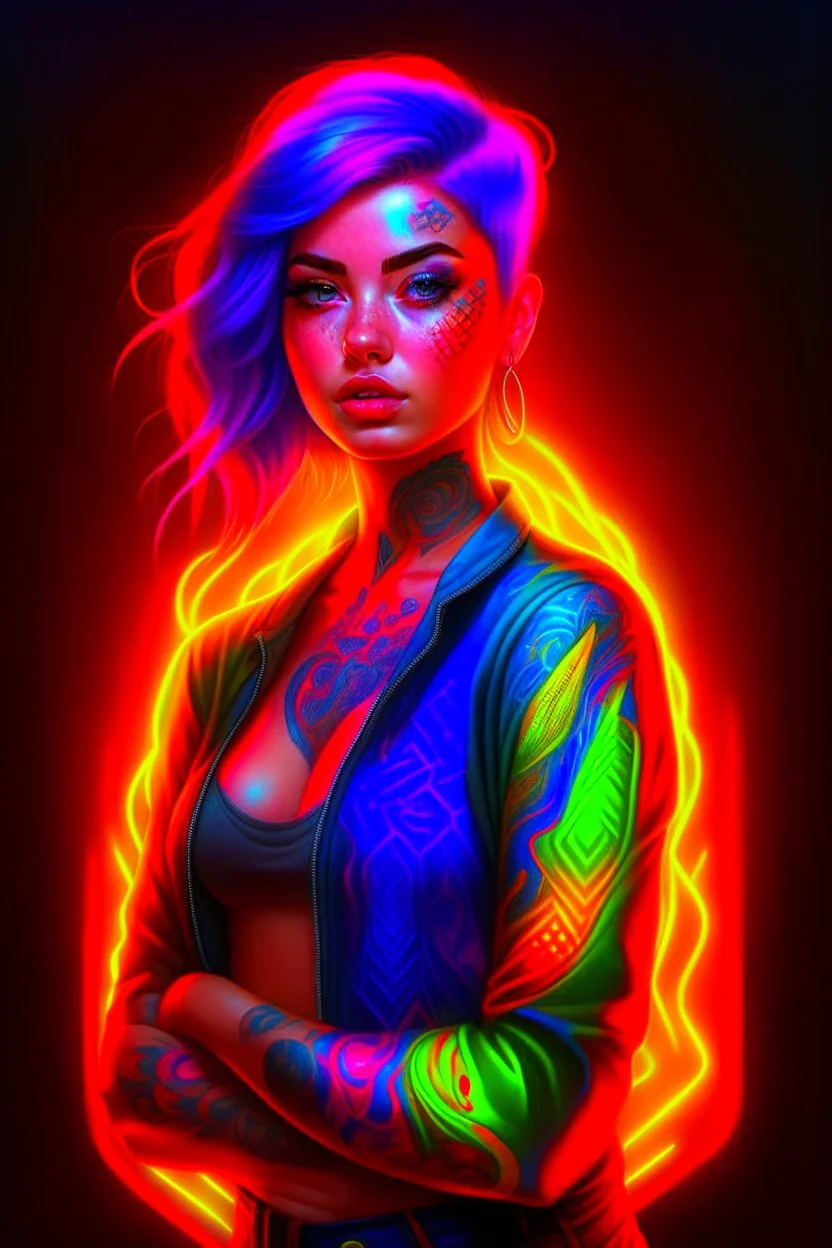 full body colorful tattooed portrait of a female model with colorful hair, Vibrant colors, Neon lighting, Intricate details, Digital painting, Artstation, glowing tattoos, Sharp focus, Illustration, art by audrey benjaminsen and lois van baarle and artgerm and mandy jurgens, Dystopian, cyberpunk